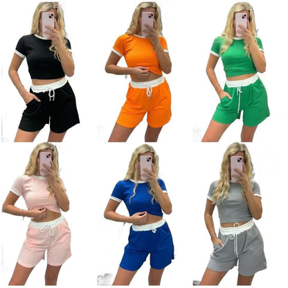 Contrast Pockets White Hem Draw Trim Ribbed String Crop Top & Shorts CO-ORD Clothing Womenswear Comfort Women