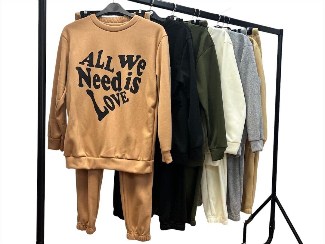 women’s Long Sleeve Fleece ALL WE NEED IS LOVE Print Round Neck Cuffed Bottom Se