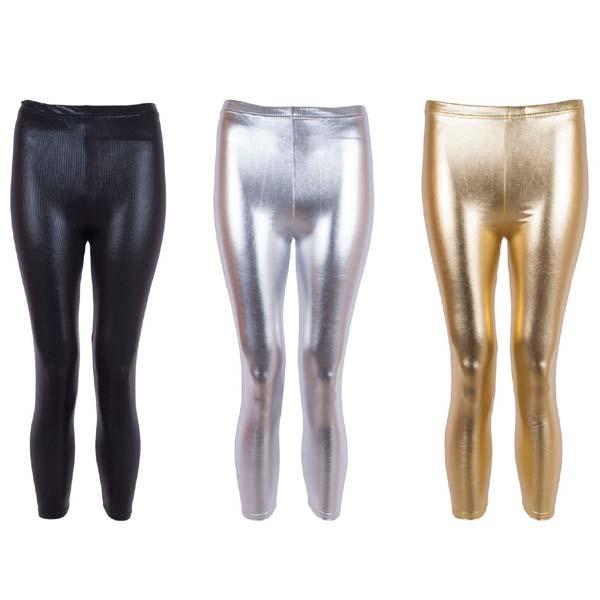 Girls Kids Plain Metallic Shiny Leggings Skinny Wet Look Dance Party Disco Pants