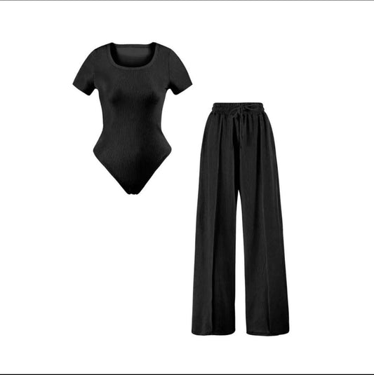 Ladies scoop neck short sleeve bodysuit & elasticated wide leg trouser two piece set Casual Comfort Comfortable Fit Womenswear Fitted Elegant Crew Neck Chic Outfit Overalls Fashion Style