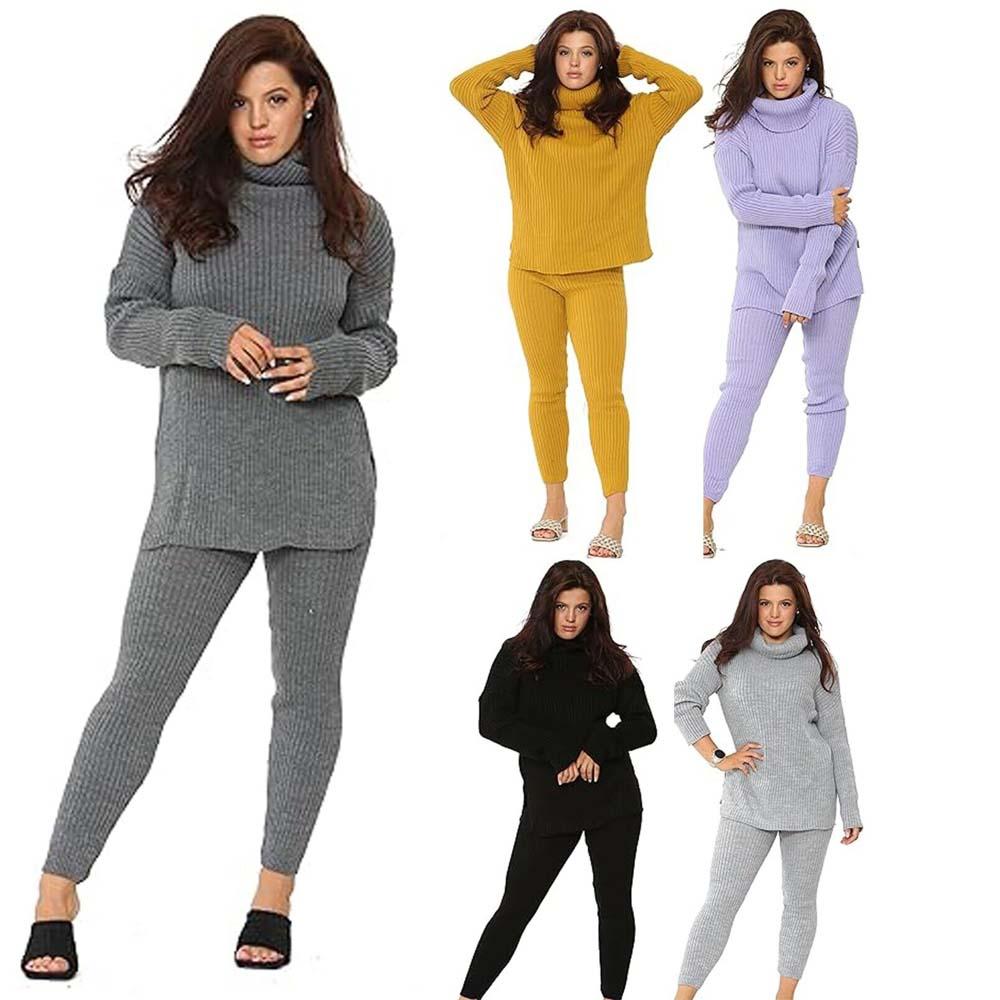 Ladies Chunky Knitted Loungewear Women's Polo High Neck Top Leggings Suit Set UK
