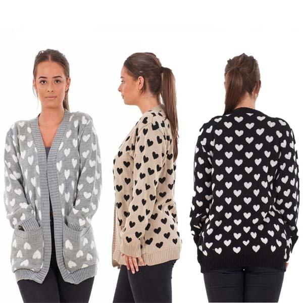 Women's Ladies Knitted Heart Printed Cardigan With Pockets Long Sleeve Ladies Top 8-22