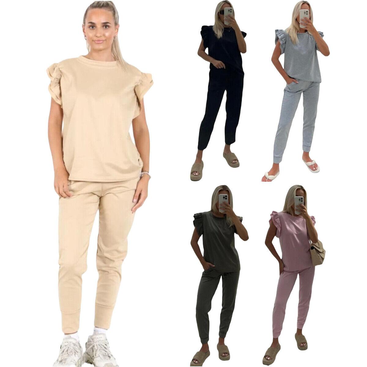 Ladies Womens Tracksuit Frill Peplum Sleeve Boxy Top Bottom Lounge Wear Set Casual Womenswear Comfortable