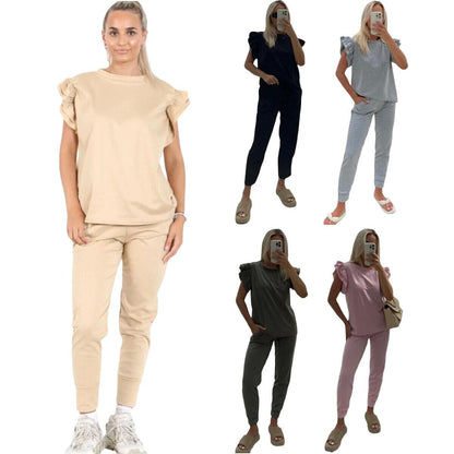 Ladies Womens Tracksuit Frill Peplum Sleeve Boxy Top Bottom Lounge Wear Set Casual Womenswear Comfortable