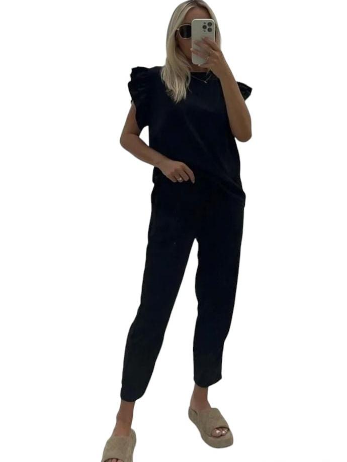 Womens Tracksuit Frill  Peplum Sleeve Boxy Top Bottom Ladies Lounge Wear Set Casual Fit Comfortable