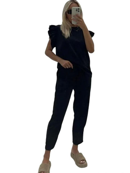 Womens Tracksuit Frill  Peplum Sleeve Boxy Top Bottom Ladies Lounge Wear Set Casual Fit Comfortable
