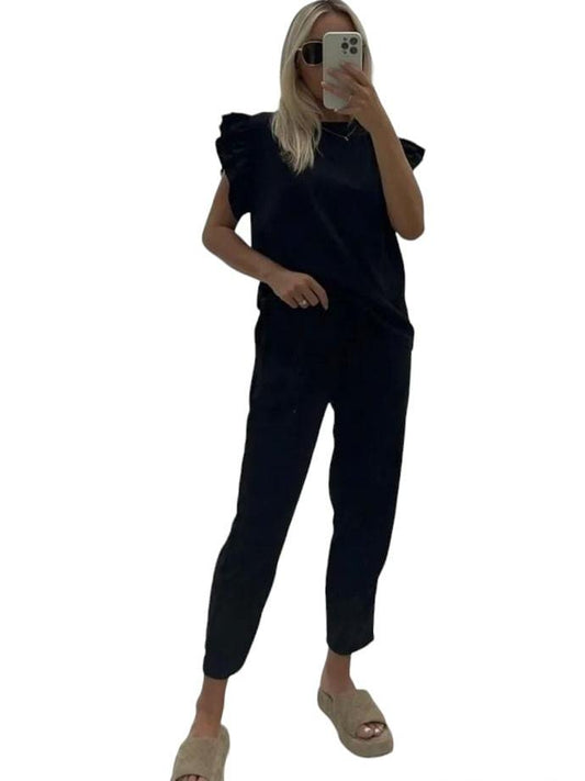 Womens Tracksuit Frill  Peplum Sleeve Boxy Top Bottom Ladies Lounge Wear Set Casual Fit Comfortable