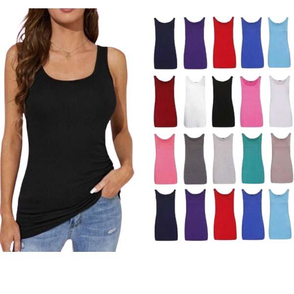 Ladies Round Scoop Neck Sleeveless Long Stretch Plain Vest Sports Top Yoga Gym