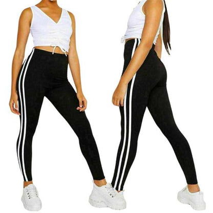 Ladies Yoga Pants Two Side Stripes Active Wear High Waisted Womens Gym Leggings UK Size S-XXL