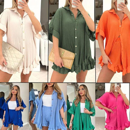 Womens Pleated Shirt with Short Co-Ord Set Short Sleeve Gold Button Up Shirt Summer UK 8-18