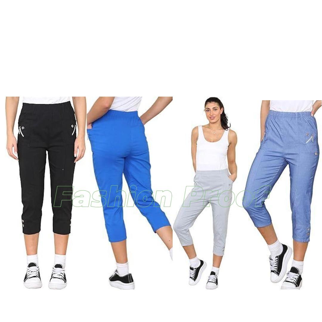 Ladies Cherry Berry Plain Cropped 3/4 Length Trousers Stretch Fit Elasticated Waist Summer Short Pants Plus Size 8-26 Womenswear Bottom Casual Style Comfortable