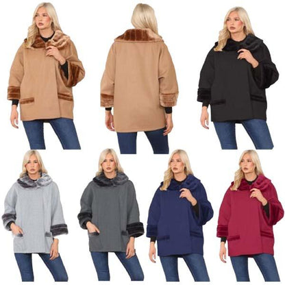 Ladies Italian Warm Faux Fur Cape Poncho Coat with Pockets Casual Swing Overcoat 8-20