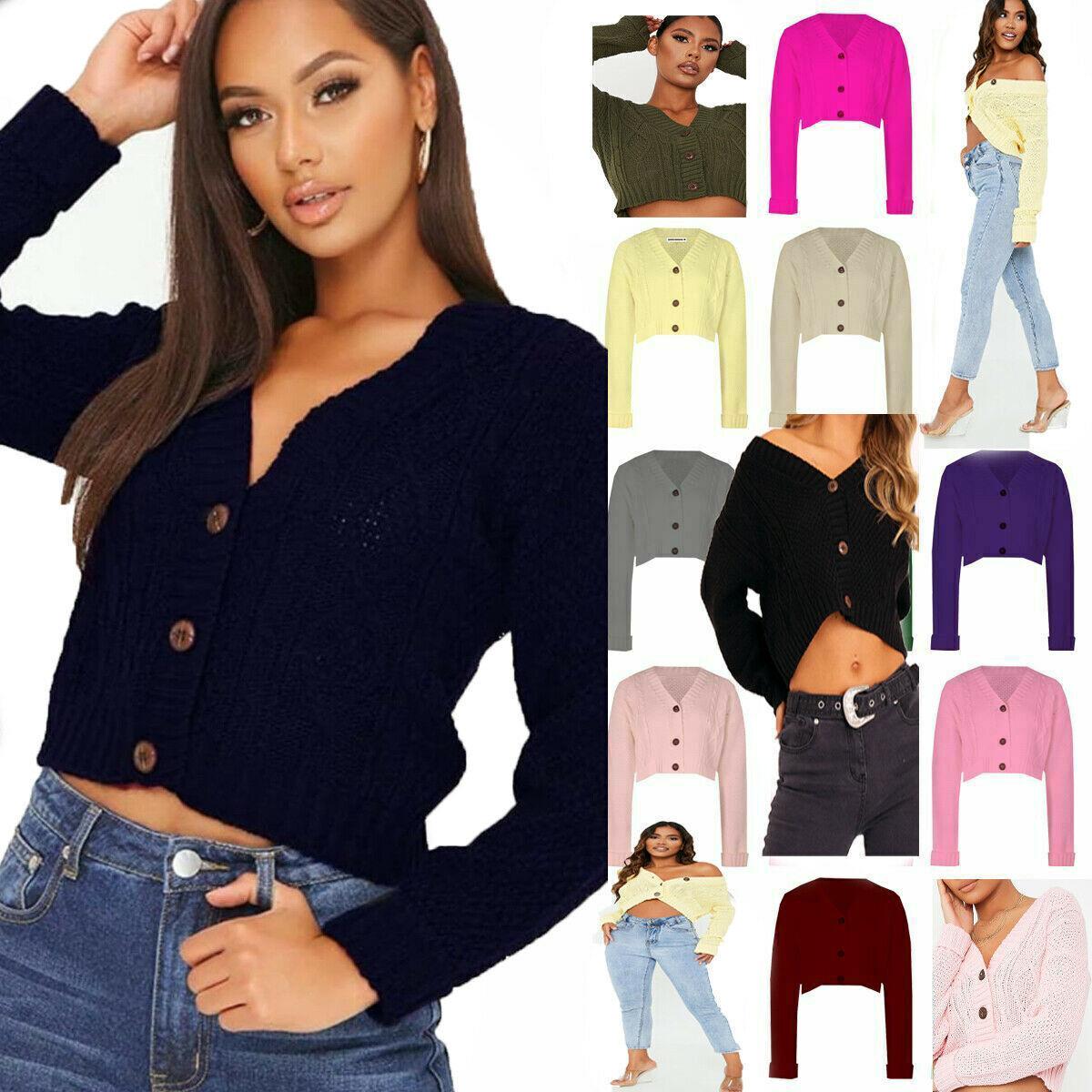 NEW Women's Chunky Cable Knit Cardigan - 3-Button Long Sleeve Crop Top (One Size UK 8-16) - Stylish Knitwear for Womenswear Knitted Underwear Lady Knitting
