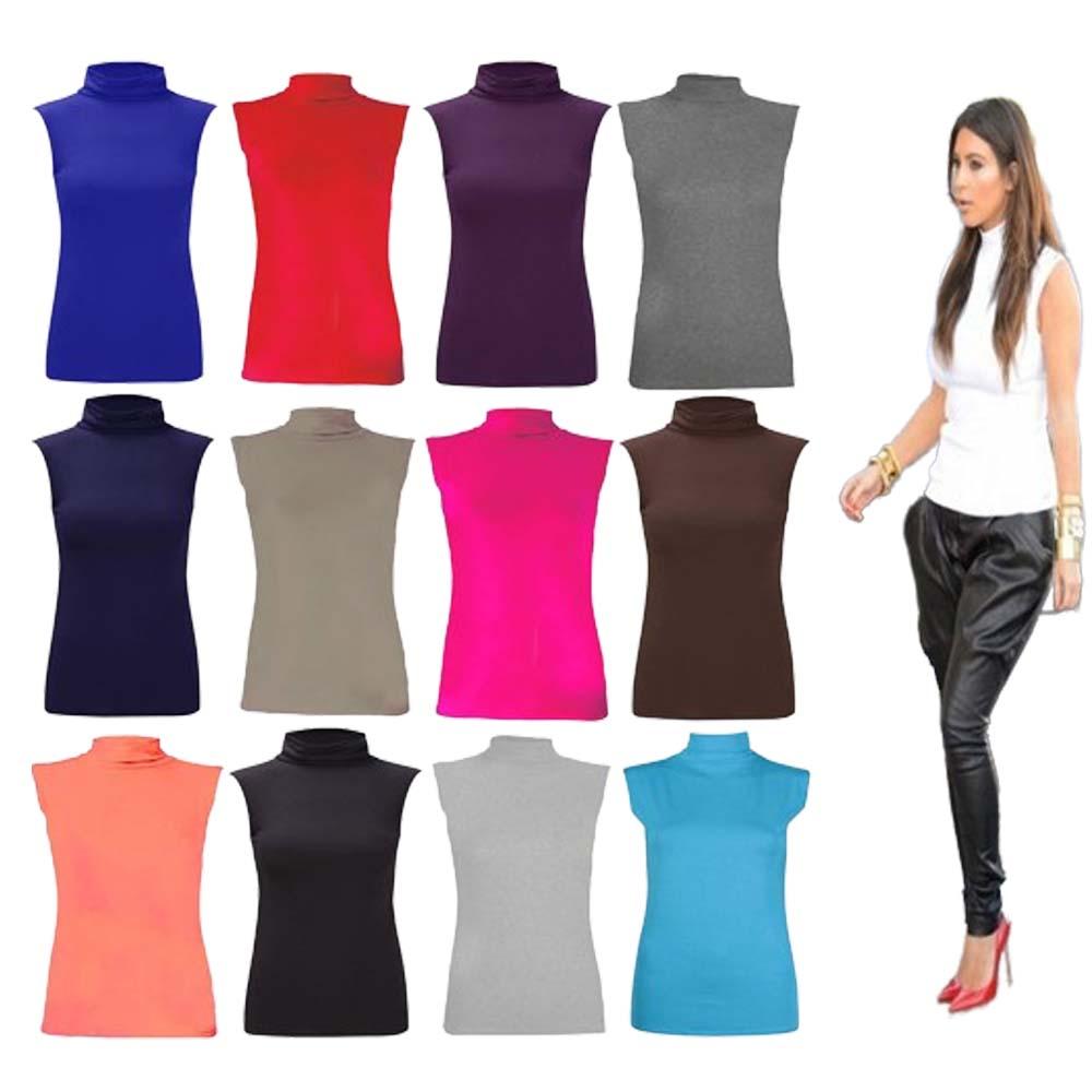 LADIES SLEEVELESS TURTLE POLO NECK TOP WOMANS PLAIN ROLL NECK TOP JUMPER 8-22 Casual Clothing Womenswear