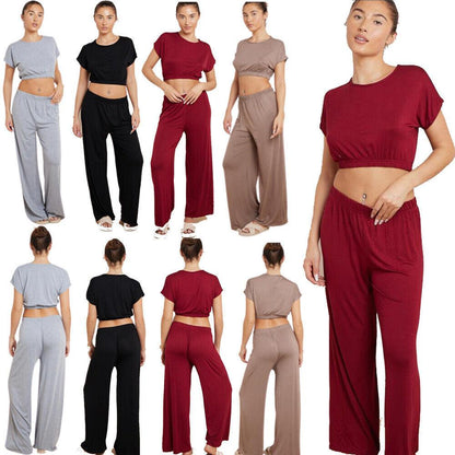 Ladies Women Plain Crop Top Flared Trouser Holidays Summer Loungewear Suit 2PCS Co-ord Tracksuit Set Fit Womenswear Casual Comfortable