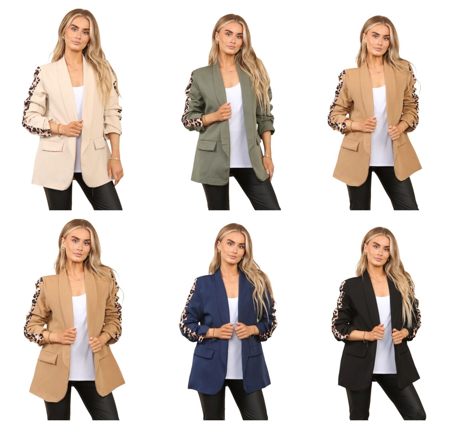 Ladies Italian Rouge Sleeve Leopard Open Front Blazer 2 Front Mock Flap Pockets