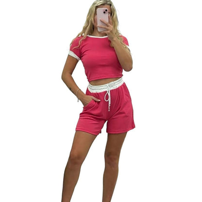 Contrast Pockets White Hem Draw Trim Ribbed String Crop Top & Shorts CO-ORD Clothing Womenswear Comfort Women