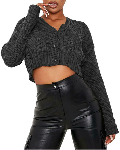 NEW Women's Chunky Cable Knit Cardigan - 3-Button Long Sleeve Crop Top (One Size UK 8-16) - Stylish Knitwear for Womenswear Knitted Underwear Lady Knitting