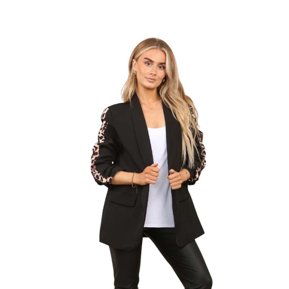Ladies Italian Rouge Sleeve Leopard Open Front Blazer 2 Front Mock Flap Pockets