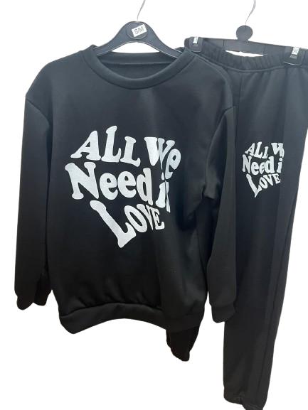 women’s Long Sleeve Fleece ALL WE NEED IS LOVE Print Round Neck Cuffed Bottom Se