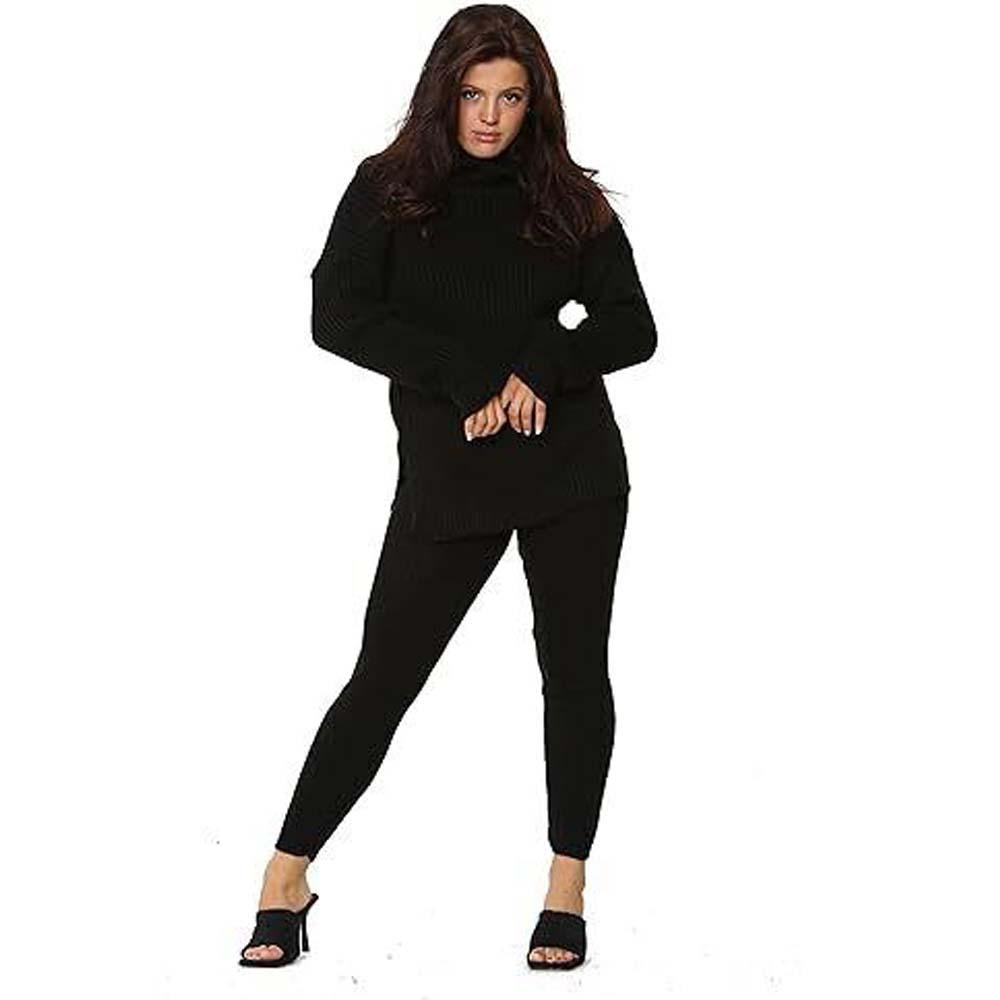 Ladies Chunky Knitted Loungewear Women's Polo High Neck Top Leggings Suit Set UK