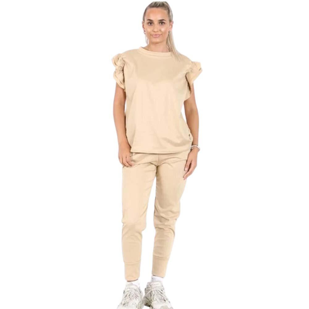 Ladies Womens Tracksuit Frill Peplum Sleeve Boxy Top Bottom Lounge Wear Set Casual Womenswear Comfortable