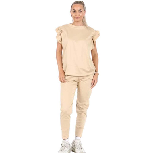 Ladies Womens Tracksuit Frill Peplum Sleeve Boxy Top Bottom Lounge Wear Set Casual Womenswear Comfortable