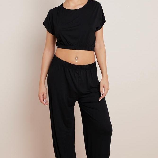 Ladies Women Plain Crop Top Flared Trouser Holidays Summer Loungewear Suit 2PCS Co-ord Tracksuit Set Fit Womenswear Casual Comfortable