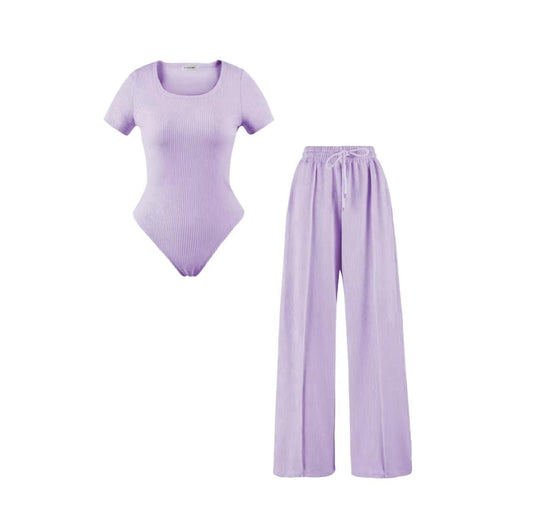 Ladies scoop neck short sleeve bodysuit & elasticated wide leg trouser two piece set Casual Comfort Comfortable Fit Womenswear Fitted Elegant Crew Neck Chic Outfit Overalls Fashion Style