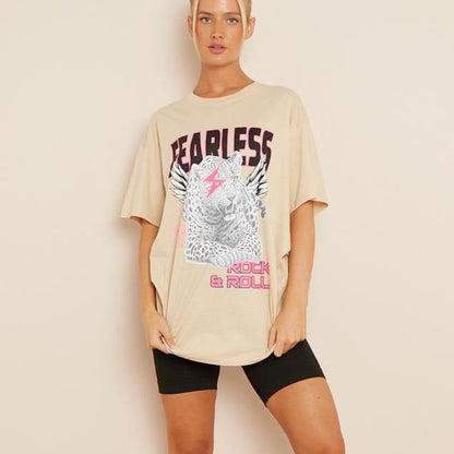 Women Girls Fearless print summer holidays t tee shirts oversized baggy Crewneck Casual Womenswear