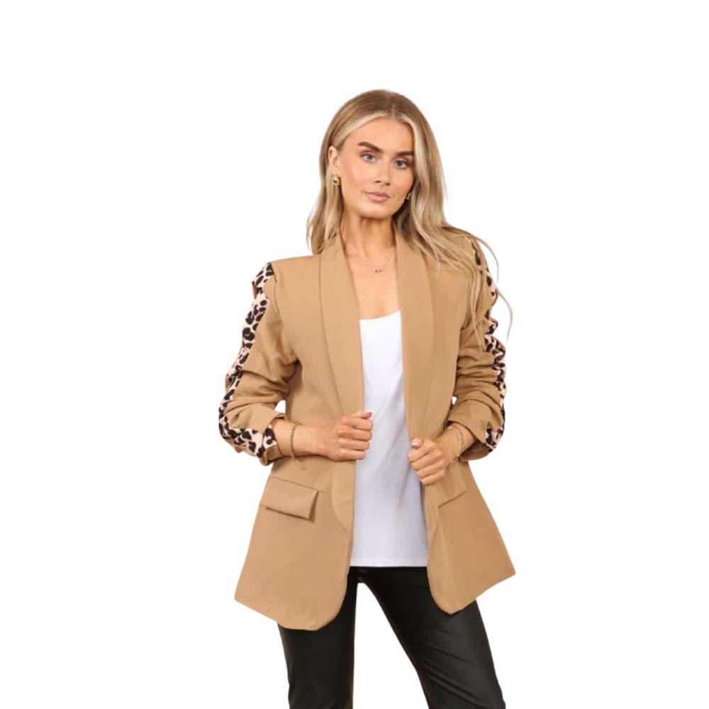 Ladies Italian Rouge Sleeve Leopard Open Front Blazer 2 Front Mock Flap Pockets