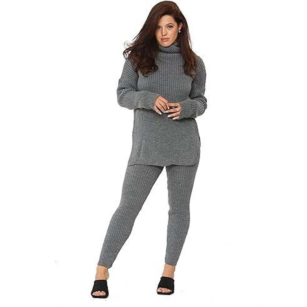Ladies Chunky Knitted Loungewear Women's Polo High Neck Top Leggings Suit Set UK