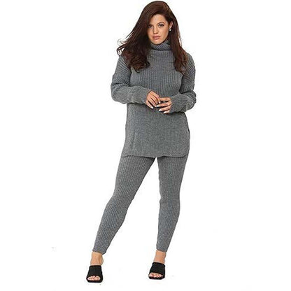 Ladies Chunky Knitted Loungewear Women's Polo High Neck Top Leggings Suit Set UK