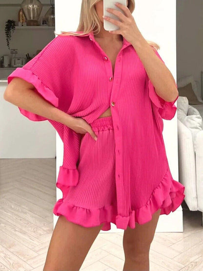 Womens Pleated Shirt with Short Co-Ord Set Short Sleeve Gold Button Up Shirt Summer UK 8-18