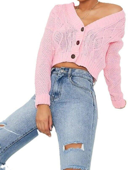 NEW Women's Chunky Cable Knit Cardigan - 3-Button Long Sleeve Crop Top (One Size UK 8-16) - Stylish Knitwear for Womenswear Knitted Underwear Lady Knitting