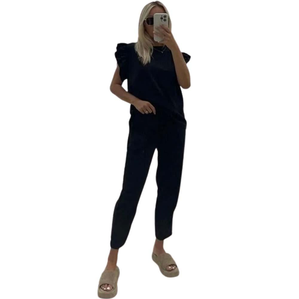 Ladies Womens Tracksuit Frill Peplum Sleeve Boxy Top Bottom Lounge Wear Set Casual Womenswear Comfortable