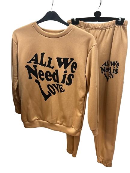 women’s Long Sleeve Fleece ALL WE NEED IS LOVE Print Round Neck Cuffed Bottom Se