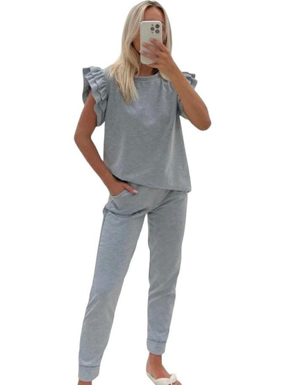 Womens Tracksuit Frill  Peplum Sleeve Boxy Top Bottom Ladies Lounge Wear Set Casual Fit Comfortable