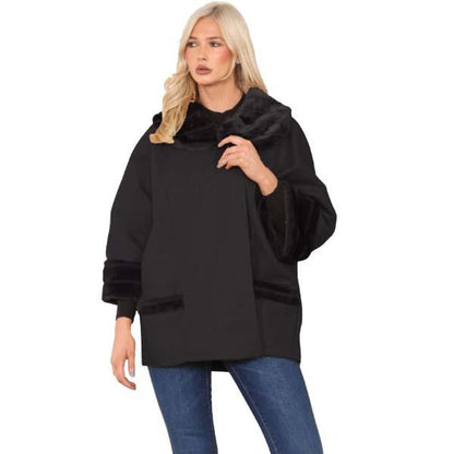 Ladies Italian Warm Faux Fur Cape Poncho Coat with Pockets Casual Swing Overcoat 8-20