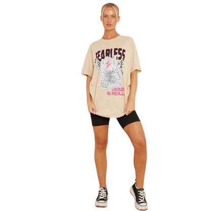Womens Tiger Print FEARLESS Slogan T-Shirt ROCK & ROLL Oversized Baggy Fit Top Casual Womenswear Tshirt