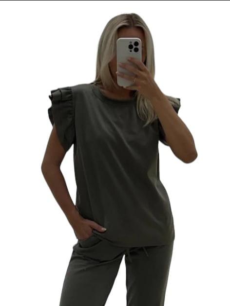 Womens Tracksuit Frill  Peplum Sleeve Boxy Top Bottom Ladies Lounge Wear Set Casual Fit Comfortable