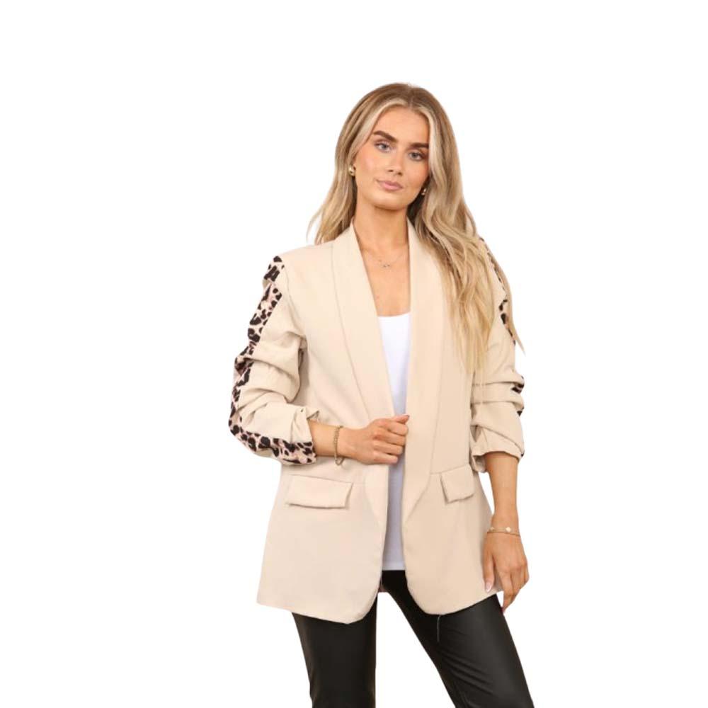 Ladies Italian Rouge Sleeve Leopard Open Front Blazer 2 Front Mock Flap Pockets