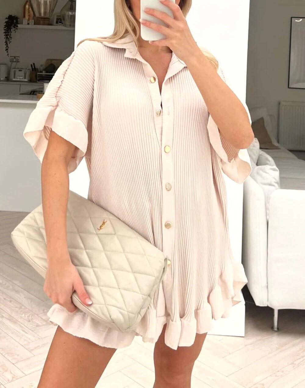 Womens Pleated Shirt with Short Co-Ord Set Short Sleeve Gold Button Up Shirt Summer UK 8-18