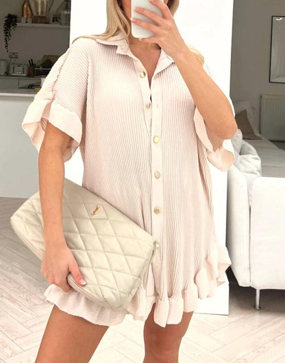 Womens Pleated Shirt with Short Co-Ord Set Short Sleeve Gold Button Up Shirt Summer UK 8-18