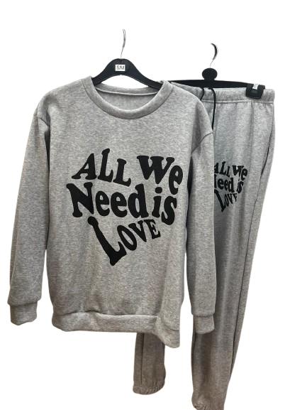 women’s Long Sleeve Fleece ALL WE NEED IS LOVE Print Round Neck Cuffed Bottom Se
