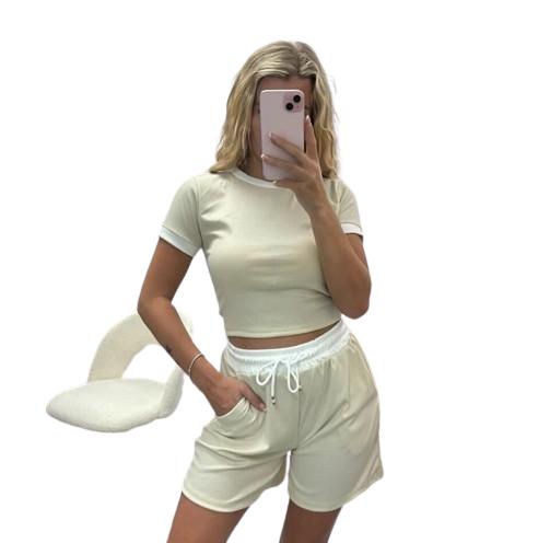 Contrast Pockets White Hem Draw Trim Ribbed String Crop Top & Shorts CO-ORD Clothing Womenswear Comfort Women