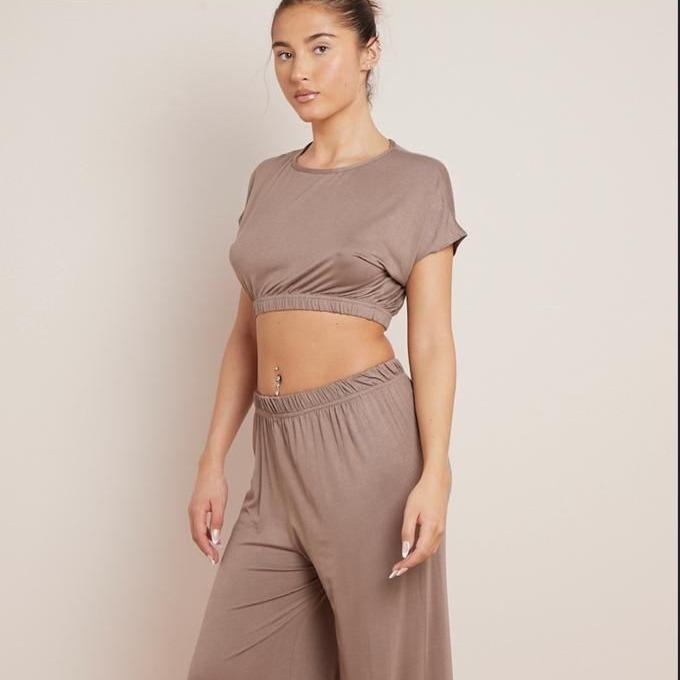 Ladies Women Plain Crop Top Flared Trouser Holidays Summer Loungewear Suit 2PCS Co-ord Tracksuit Set Fit Womenswear Casual Comfortable