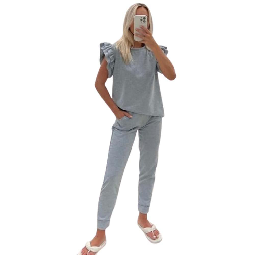 Ladies Womens Tracksuit Frill Peplum Sleeve Boxy Top Bottom Lounge Wear Set Casual Womenswear Comfortable