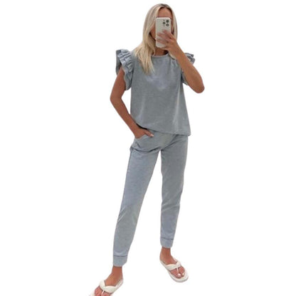 Ladies Womens Tracksuit Frill Peplum Sleeve Boxy Top Bottom Lounge Wear Set Casual Womenswear Comfortable