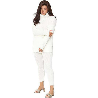Ladies Chunky Knitted Loungewear Women's Polo High Neck Top Leggings Suit Set UK